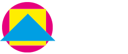 Moabitwedding Logo of a cyan rectangle over a yellow square over a magenta circle. The shapes are placed slightly off center.